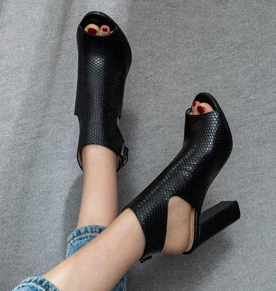 

2020 summer peep toe ankle boots for women fashion snake printing high heels sandals black female shoes woman size 34 41 42 431590685
