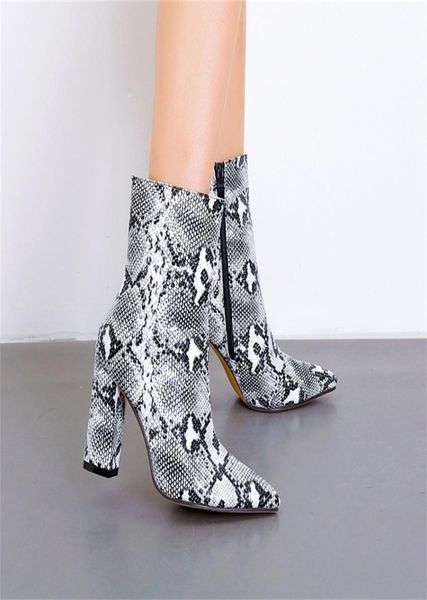 

ankle boots women shoe high heels botas toe ankle snakeskin boots block square heels snake print chunky bootie shoes cx2008222125295, Black