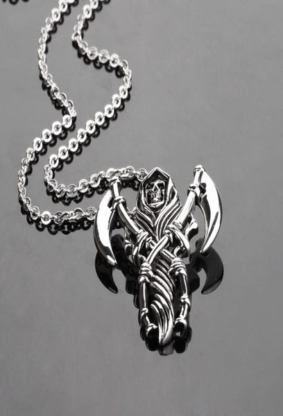 

men pendant necklaces grim reaper skeleton death hip hop retro cool rock roll sickle 316l stainless steel steampunk designer acces8821984, Silver