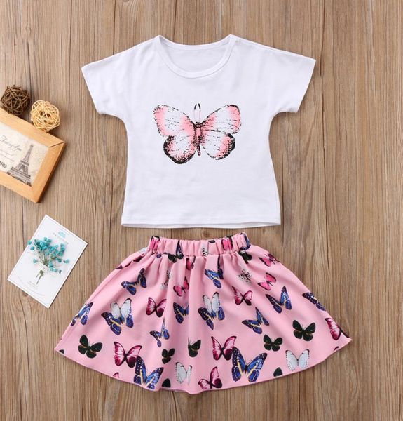 

2019 kids baby girls butterfly printed tshirt skirts dress 2piece set outfits toddler clothes children short sleeve dresses clot1425052, Red;yellow