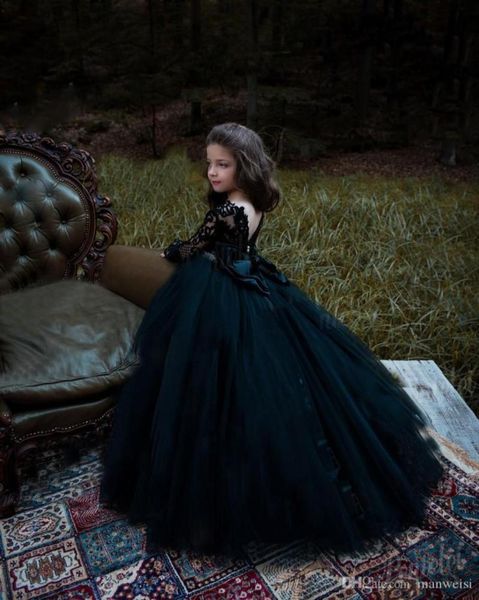 

black long sleeve flower girl dresses for weddings vintage lace appliqued toddler pageant dress crystal little baby communion ball4205417, White;blue