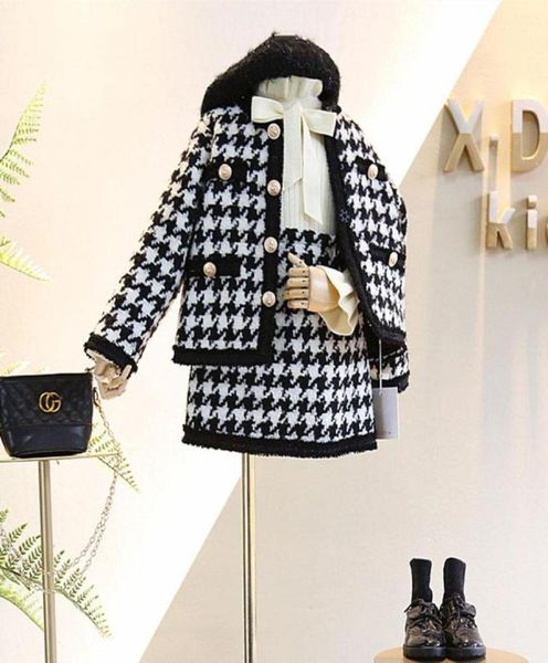 

2021 autumn new arrival girls fashion houndstooth 2 pieces suit coatskirt kids tweed sets girls clothes1596185, White