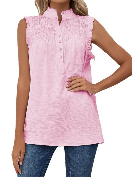 

t-shirt women sleeveless chiffon solid ruffle neck button pleasted casual, White