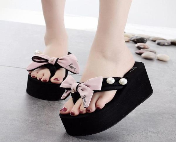 

slippers sandalias mujer big bow flip flops women high heels summer wedges sweet pink platform sandals flower beading 35389540562, Black