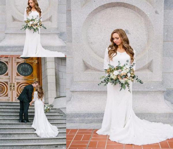 

new vintage modest wedding dresses jewel neck lace appliques long sleeves sweep train bohemian country plus size formal brid3584414, White