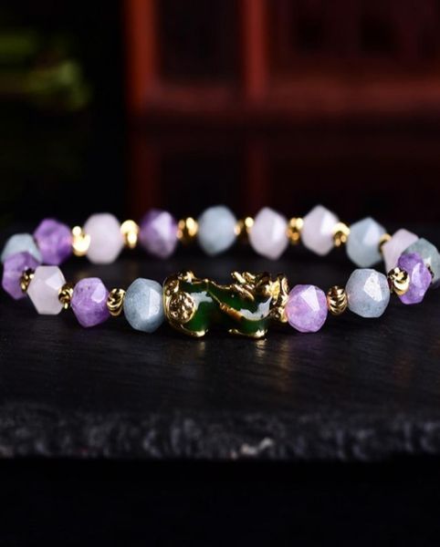 

sx001 fashion new design pixiu bracelet natural amethyst pi xiu piyao bracelet change color pixiu bracelet natural beads charm wom8254417, Golden;silver