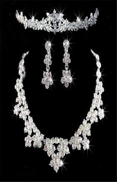 

romantic crystal three pieces jewelry sets flowers bridal jewelry set bride necklace earring crown tiaras wedding party accessorie6447985, White