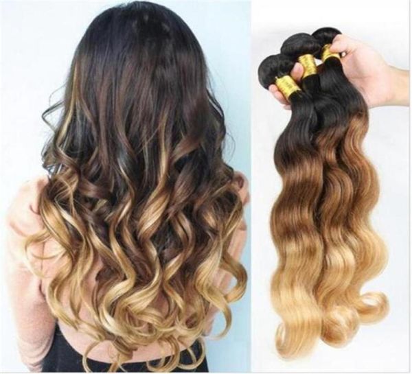 

1b427 honey blonde malaysian human hair weaves body wave wavy malaysian 3bundles three tone colored ombre human hair wefts exten846344482, Black