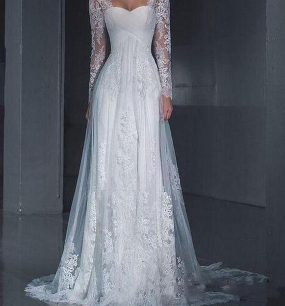 

vintage lace illusion long sleeves a line wedding dresses sweetheart sweep train tulle plus size bridal white and ivory1724957