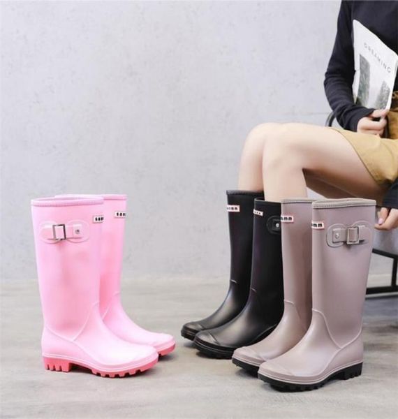 

fashion rainboots women kneehigh water boots buckle long tube highgrade waterproof shoes womens rubber pvc rain boots 2208131525030, Black