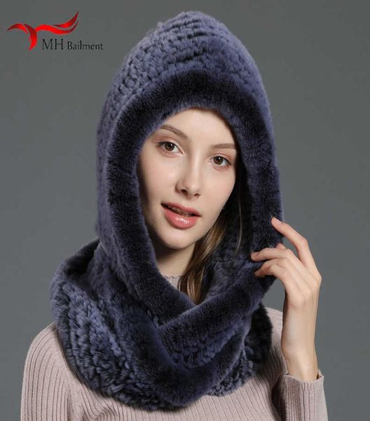 

2021 fur hat ladies knitted scarf 100 real rex rabbit fur hooded scarf winter warm natural novel wool hat large female fur hat g05395812, Blue;gray