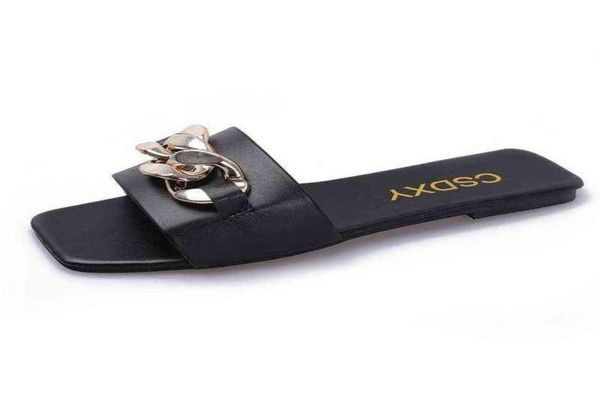

2022 ins women summer slipper square toe chain slippers slip on flat slide sandals beach flip flops casual shoes woman plus size h8689040, Black