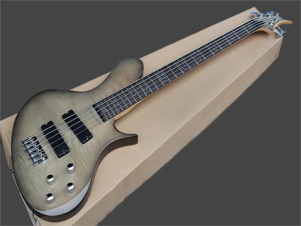 

factory custom 5 strings brown electric bass guitar with flame maple veneer,chrome hardware,rosewo
