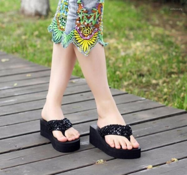 

women eva sequins beach slippers flip flops sandals casual women wedges platform bling slippers 202013570240, Black