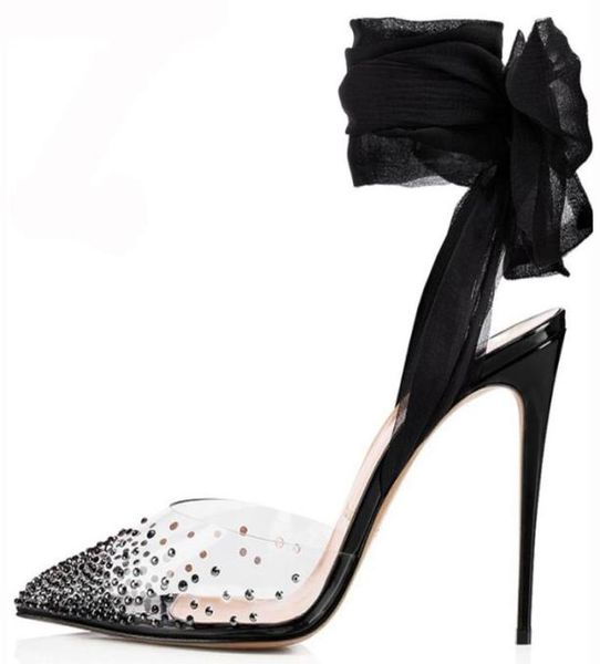 

sandals women stiletto thin high heel laceup ribbon sandal bridal evening party dress fashion ball pointed toe lady shoe 121448242, Black