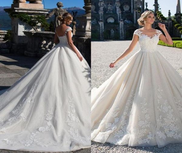 

lace a line wedding dress applique cap short sleeve lace up back ball gown wedding gowns bridal dresses 2020 church wedding marria3053305, White