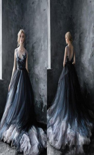 

gothic black multi color 2022 wedding dresses bridal gowns sheer neck applique lace backless tulle court train2113996, White