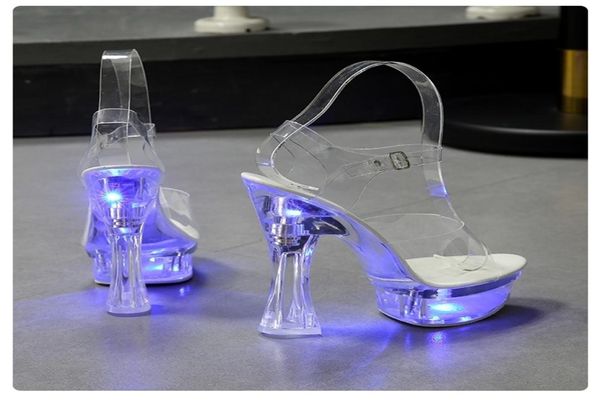 

6 color square heel women sandals light up glowing shoes luminous clear sandals platform shoes high heel 15cm transparent shoes y22217104, Black