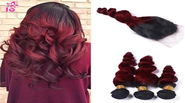 

ombre brazilian loose wave human virgin hair 99j burgundy loose curly 3 bundles wiith closure human hair weft with wine red 1206271, Black;brown