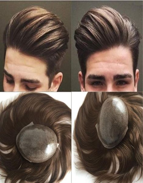 

european natural hair toupee brown human hair men toupee full skin pu toupee hairpieces replacement system 7x9 inch straight men w6444410, Black