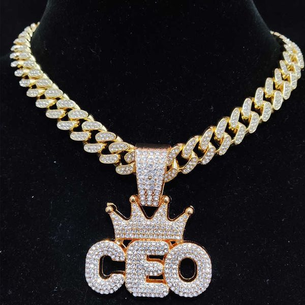 

men women hip hop ceo letter pendant necklace with 13mm crystal cuban chain iced out bling hiphop necklaces fashion jewelry, Silver