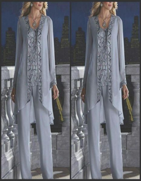 

2019 new mother of the bride groom 3 piece pant suit silver chiffon beach wedding mothers dress long sleeves beads formal evening 1156371, Black;red