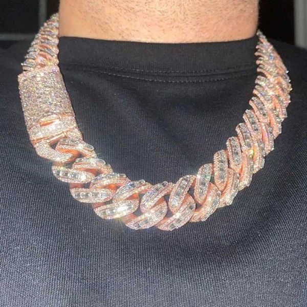 

20mm vermeil hip hop 925 silver with rose gold plated chains necklace emerald cut moissanite diamond iced out cuban link chain