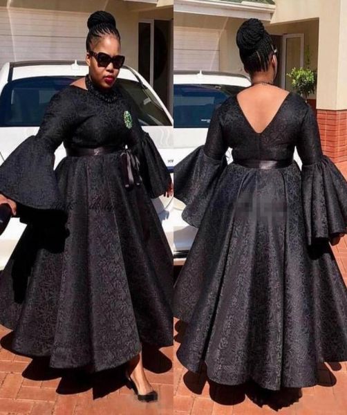 

spring 2020 puffy long sleeve plus size prom dresses boat neck puffy a line ankle length black lace formal gowns for black girls7633540