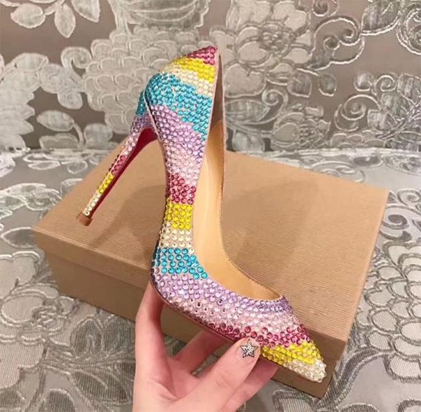 

rainbow 10cm heels women pointed crystal wedding female pedal colored diamonds lazy bridesmaid party single shoes8937095, Black