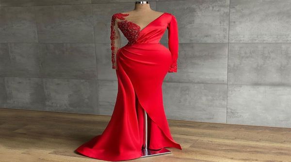 

red beaded mermaid prom dresses jewel neck long sleeves side split evening gowns sweep train satin formal dress7213665, Black