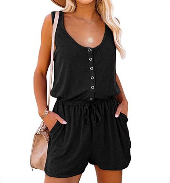 

ladies jumpsuit sleeveless high waist short onesie pants unicoloured with drawstring pants wide leg shorts with pockets, Black;white
