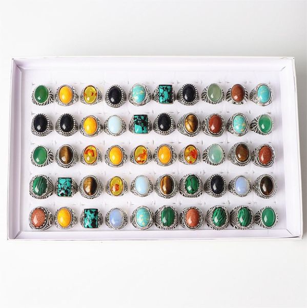 

men vintage multicolor natural stone antique silver rings mix agate malachite tigereye style for women fashion jewelry party2313702, Golden;silver