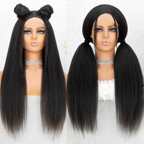 

women 220% density kinky yaki straight wigs synthetic wigs natural black for black women heat temperature glueless cosplay afro wigs 230524, Black;brown