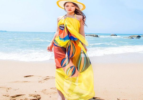 

pareo scarf women beach sarongs beach cover up summer chiffon scarves geometrical design plus size towel 140x190cm8033904, Blue;gray