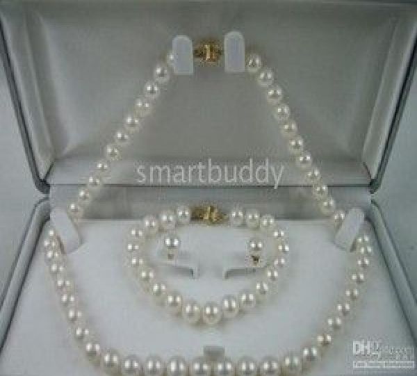 

89mm south sea white pearl necklace bracelet earrings set011825454, Black