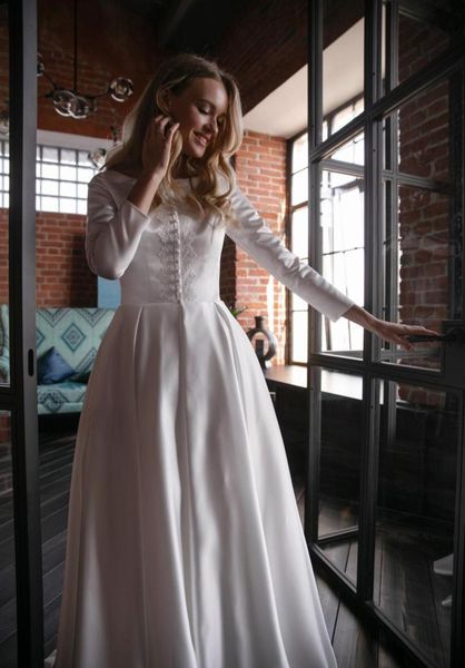 

2020 new arrival aline modest wedding dresses long sleeves satin vintage informal bridal gowns lds wedding dress custom made4936685, White