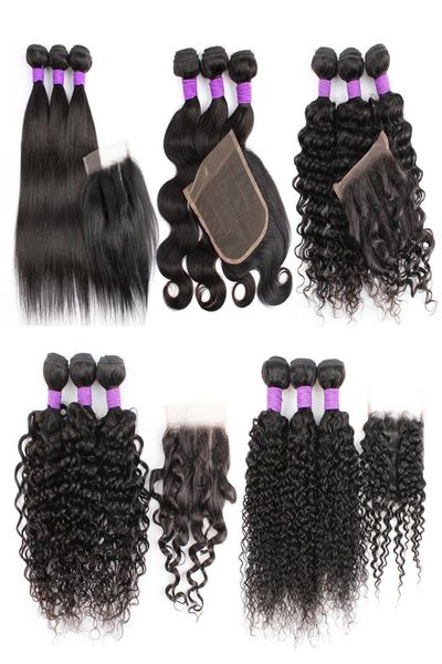 

kisshair remy brazilian human hair extension 3 bundles with closure 200g set straight body jerry curly hair weft 4x4 lace closures5272686, Black;brown