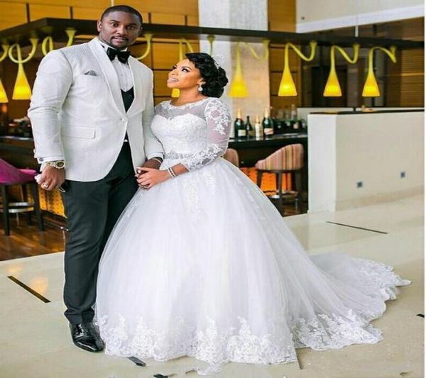 

2019 wedding dresses jewel neck illusion lace applique pearls sashes beads three quarter sleeves sweep train plus size formal brid7295722, White