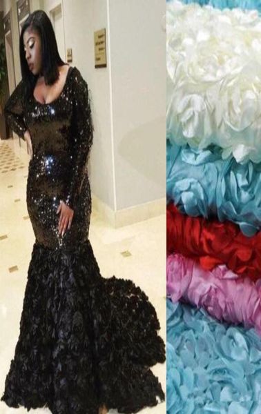 

glitter black mermaid prom dresses long sleeves plus size special occasion dress sparkly sequins 3d floral appliques evening party6742367