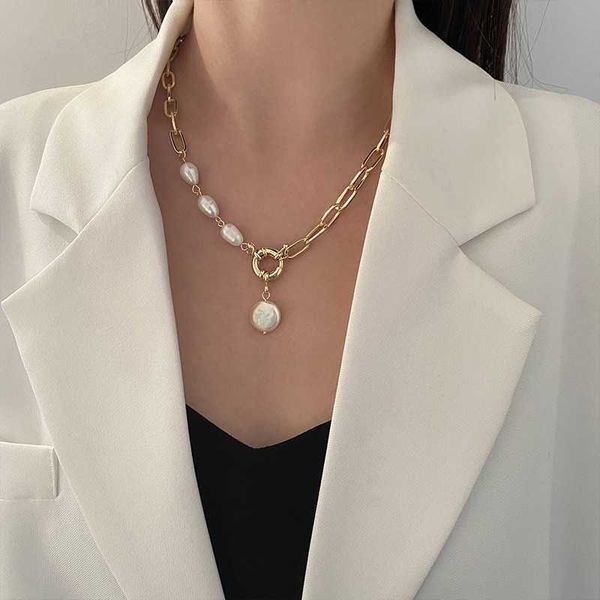 

pendant necklaces 1pcs gold necklace ladies hip hop style baroque pearl pendant handmade bent pin sewable fashion jewelry aa230526, Silver