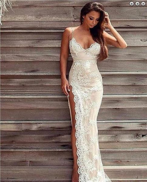 

high slit lace wedding dresses with spaghetti straps white lace applique champagne satin sheath beach backless bridal gown ch8252925