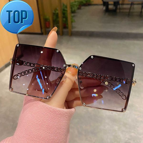 

2022 women's square big frame travel glasses big face personality hollow sunglasses frameless trendy net red sunglasses, White;black