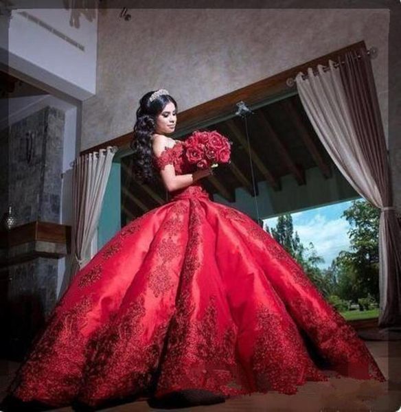 

2020 red ball gown quinceanera dresses elegant off the shoulder lace applique satin sweet 16 birthday prom party dress custom made6444624, Blue;red