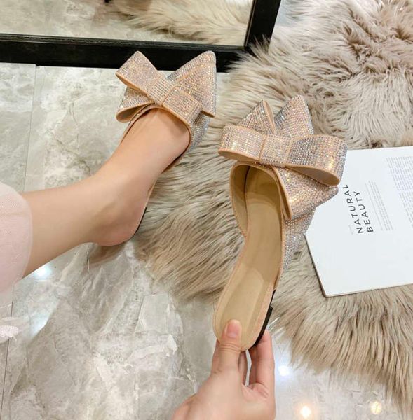 

pointed toe half slippers female summer wear 2019 new fashion bow lazy flat sandals women039s shoes s203319300689, Black