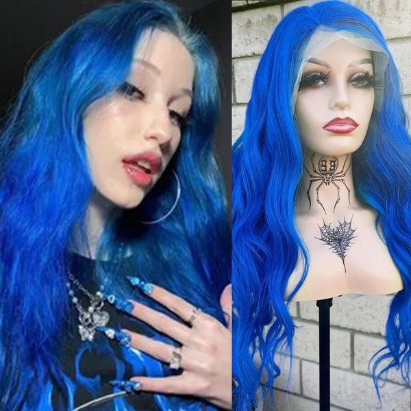 

blue colored loose wave synthetic lace front wig long natural wavy glueless fiber women wigs cosplay makeup wear wig, Black