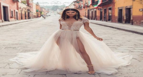 

julie vino 2019 beach wedding dresses illusion bodice lace v neck backless thigh high slits bridal gowns fashion boho wedding8192634, White
