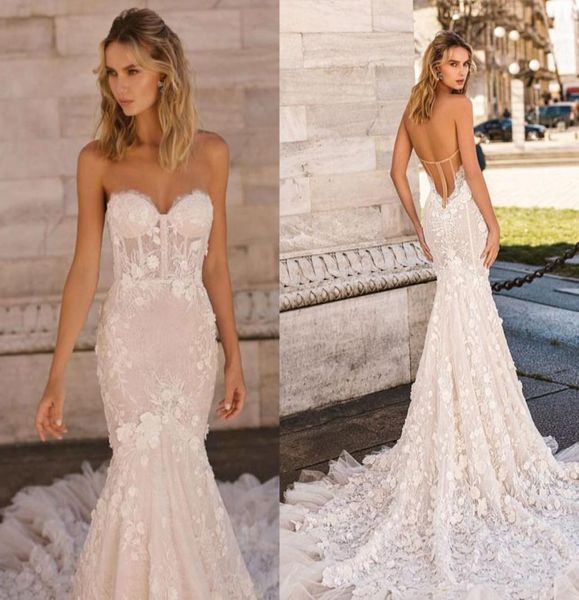 

elegant berta mermaid wedding dresses full 3d flower appliqued strapless bridal gowns lace backless sweep train wedding dress8167921, White