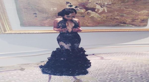 

black lace ruffles mermaid evening dresses sleeveless high neck keyhole prom gown hand made flowers backless formal party dre7617706, Black;red