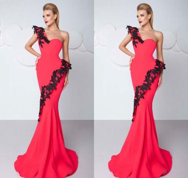 

2018 red mermaid prom dresses one shoulder sweep train women evening gowns applique lace made in china elegant party gown6381166, Black
