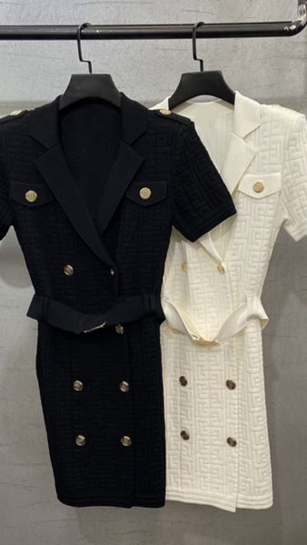 

office lady mini knitted dress luxurywoman double breasted belt office outfits short sleeve white black dress female bl037